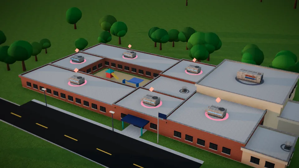 The school in the evening with its rooftop units still running, marked in red.