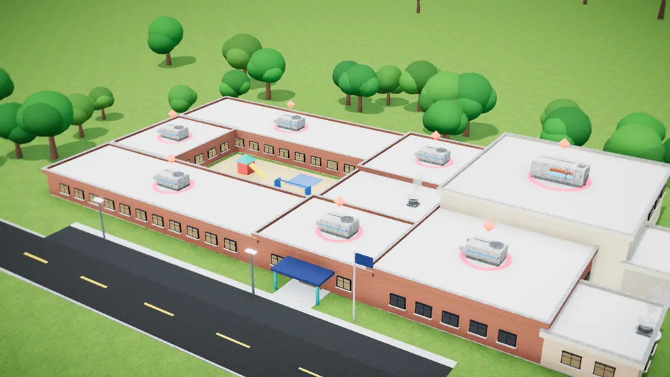The school just after 1 pm on a hot day, every rooftop unit restarting at once, marked in red.