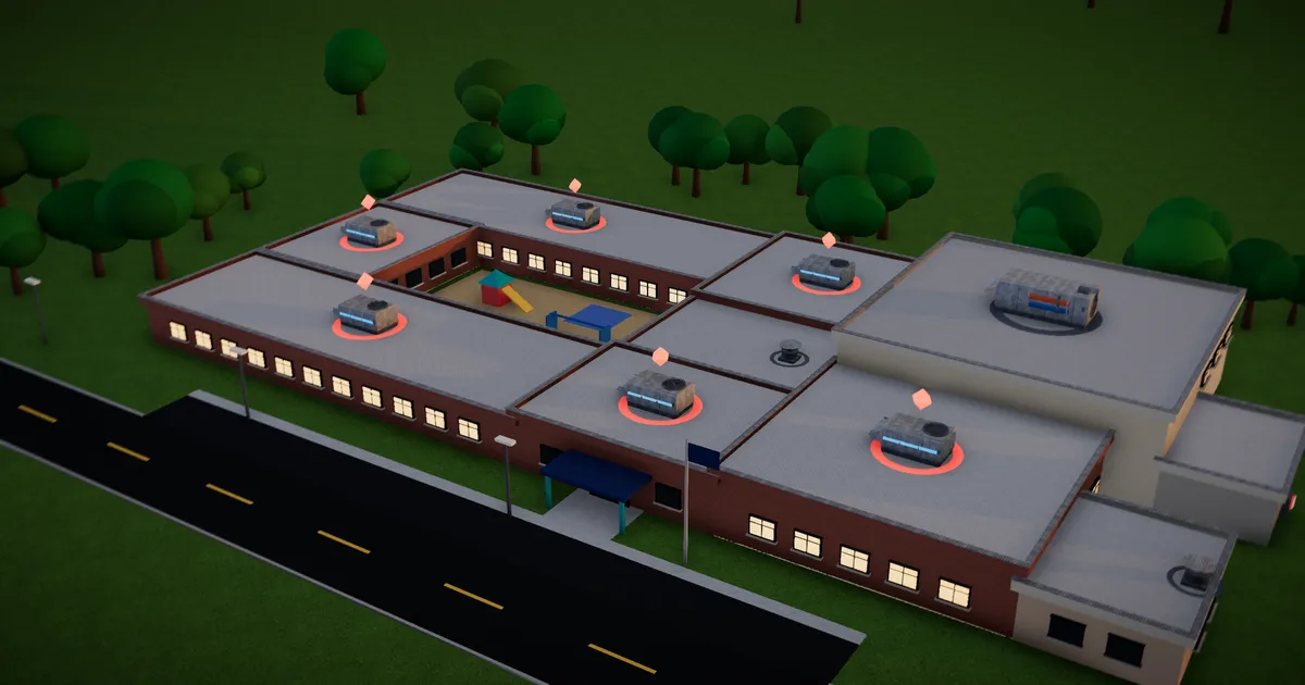 Low-poly 3D model of an elementary school at dusk: lit windows, six rooftop units on glowing pads and red fault markers above the units left running after hours.